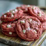 A batch of vibrant Pink Velvet Cookies studded with white chocolate chips, ready to serve with cold milk.