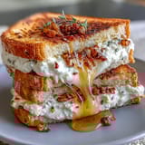A warm goat cheese grilled cheese with honey and chili flakes sits beside a small dish of honey and fresh thyme.