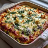 A single scoop of High Protein Spinach Artichoke Bake reveals creamy cottage cheese and chopped spinach inside a baking dish.