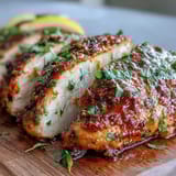 Sliced juicy Oven Baked Chicken Breast served with a fresh green salad and lemon.