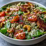 Vibrant Rainbow Salad Bowl brimming with chickpeas, quinoa, and crunchy nuts, tossed in a zesty lemon dressing for a nutritious meal.