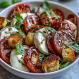 Bright heirloom tomatoes and fresh basil leaves sit beside mozzarella balls in a classic Caprese Salad Bowl drizzle.