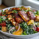Bright citrus and fresh herbs highlight a vibrant Halloumi Blood Orange Fattoush served in a rustic white bowl.