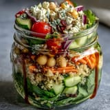 Bright and crisp mason jar salads packed with chickpeas, cucumber, and avocado for a nutritious summer lunch.  