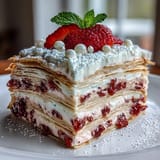 Perfectly frosted Mother's Day Crêpe Cake, artfully topped with fresh strawberries.
