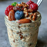 High fiber overnight oats with chia, flax, and berries, ready to eat.
