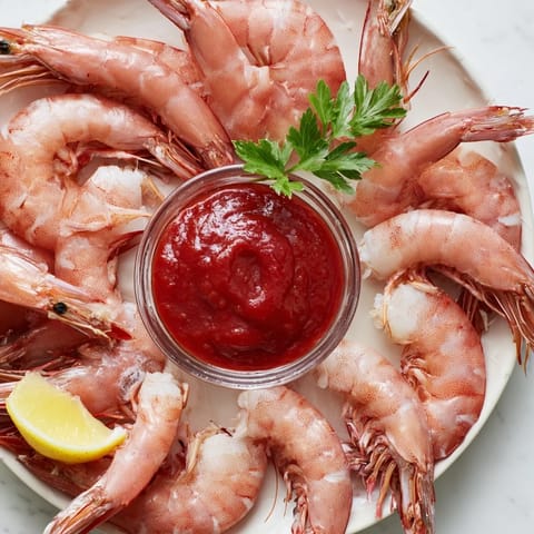 Classic shrimp cocktail appetizer served on a platter with tangy red sauce and parsley garnish.