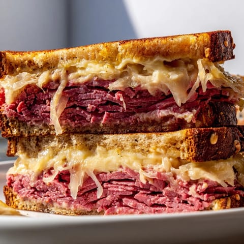 Grilled Reuben Sandwich on a wooden board, served with crunchy dill pickles and a side of potato chips.