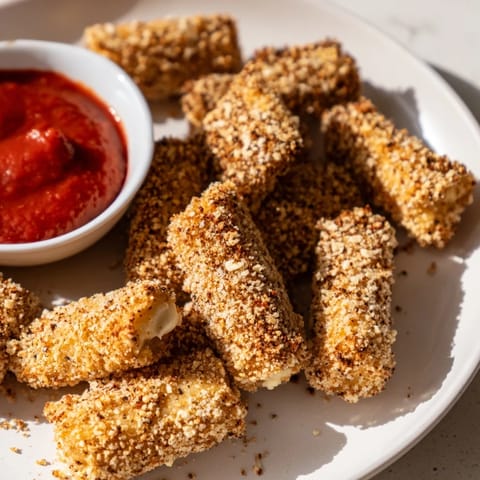 Freshly fried Mozzarella Sticks with gooey melted cheese inside, paired with a small bowl of rich red marinara.