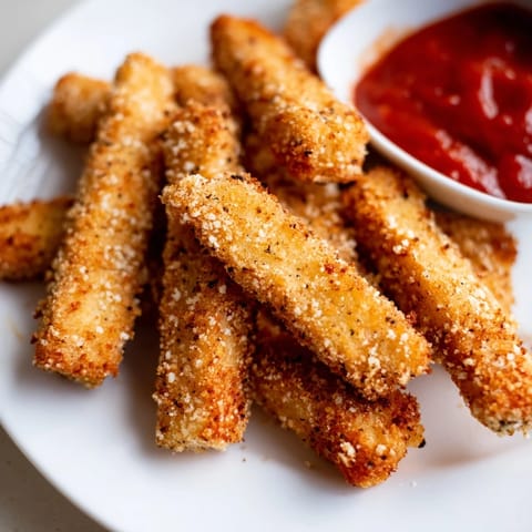 Golden brown Mozzarella Sticks fried to crispy perfection, served with a side of warm marinara sauce for dipping.