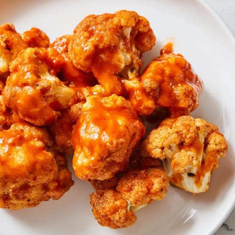 Freshly baked Buffalo Cauliflower Wings glistening with spicy red sauce on a baking sheet.