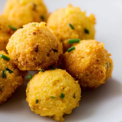A close-up of tender Hushpuppies with visible bits of sweet onion, ready to be dipped in creamy tartar sauce.