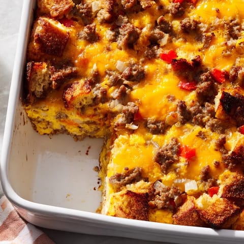 A close up slice of Breakfast Sausage Casserole showing fluffy eggs, cubes of bread, and a hearty serving on a plate.