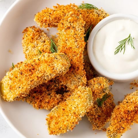 Crispy Fried Pickles spears piled high on a plate, lightly dusted with paprika and ready to be dunked in ranch dressing.
