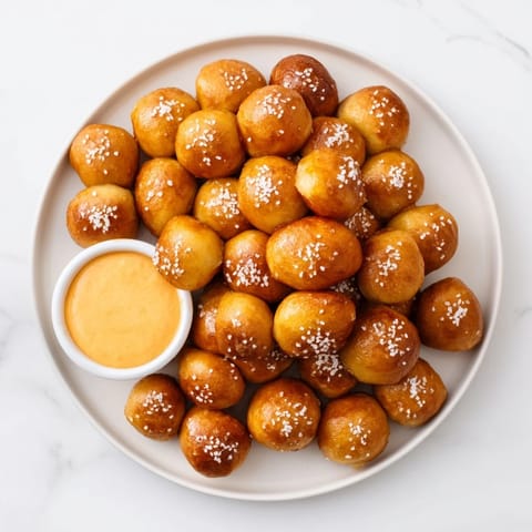Freshly baked golden Pretzel Bites with Cheese Dip, showing soft, pillowy dough and warm, gooey cheddar sauce.