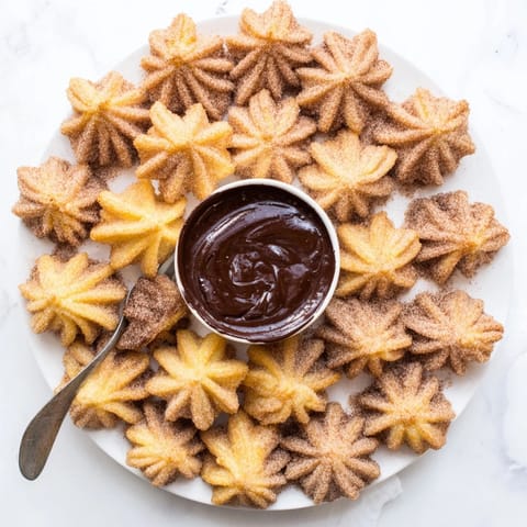 Golden-brown homemade churros, coated in cinnamon sugar and drizzled with chocolate sauce.