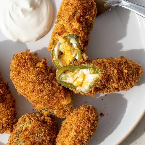 Golden-brown, crispy Jalapeño Poppers with melted cheese filling sit beside a creamy ranch dip on a rustic table.