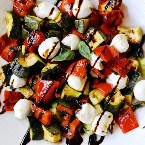 A warm Roasted Veggie Caprese Salad with cherry tomatoes, zucchini, and sweet balsamic glaze drizzle.
