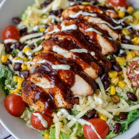A hearty BBQ Chicken Salad features grilled corn, cherry tomatoes, and avocado on greens, topped with tangy ranch.