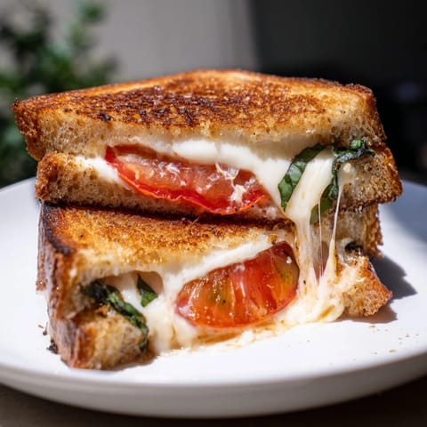 Sliced Caprese Grilled Cheese Dippers on a plate, featuring crispy sourdough and gooey mozzarella with a side of marinara.
