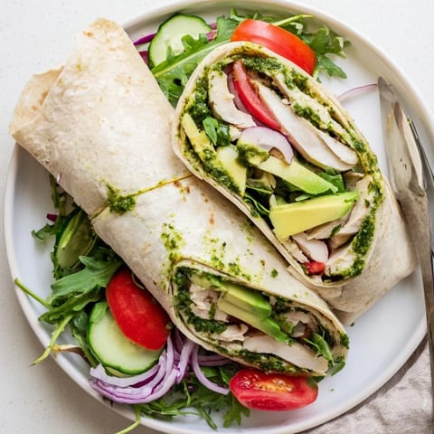 Freshly grilled chimichurri chicken slices nestled in a warm flour tortilla with crisp greens and sliced avocado.