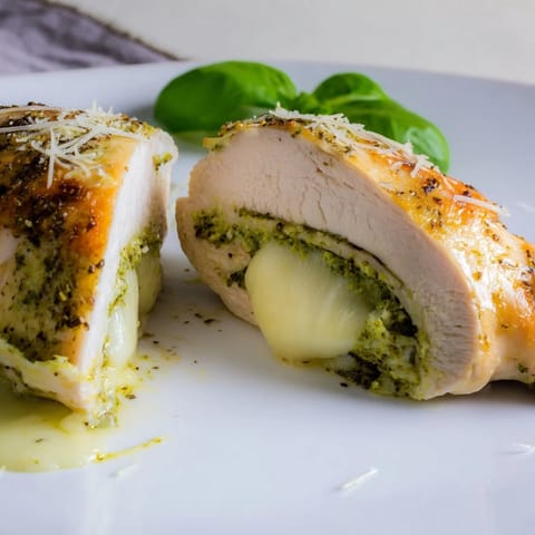 Mozzarella & Pesto Stuffed Chicken breasts, baked until golden and bubbling, ready to be sliced for a delicious dinner.