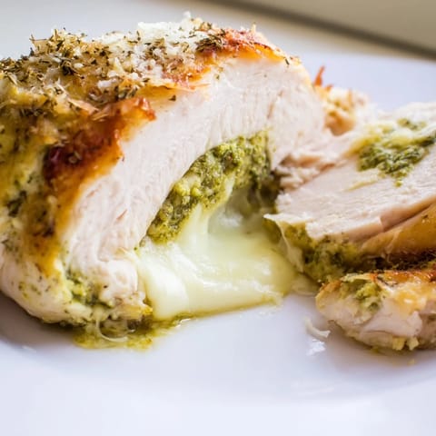 A close view of Mozzarella & Pesto Stuffed Chicken, showing melted cheese and fresh basil pesto spilling from the cut.