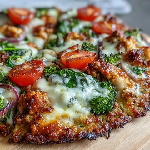Golden baked Broccoli Chicken Crust Pizza with vibrant red peppers and melted mozzarella.