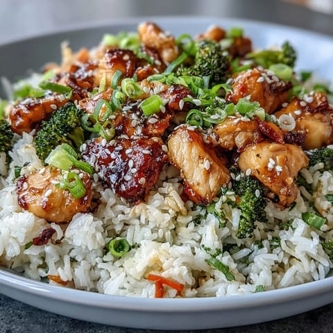 Savory one-pan honey garlic chicken, broccoli, and rice dinner ready to serve.