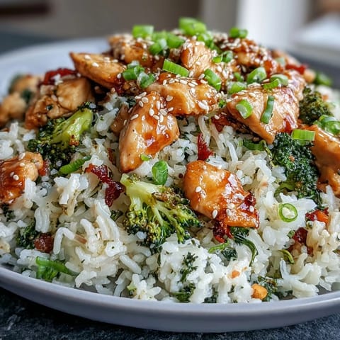 One Pan Honey Garlic Chicken Broccoli Rice garnished with fresh green onions.