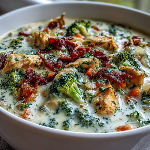 Hearty Chicken Broccoli Cheddar Soup, topped with melted cheddar, perfect for dinner.