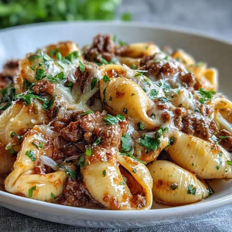 Hearty one pot creamy beef and shells, a comforting dinner with tender pasta and vegetables.