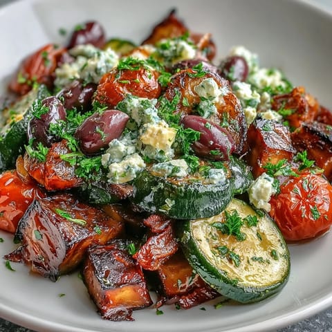 Warm Roasted Greek Salad with tender vegetables, olives, feta, and zesty dressing.