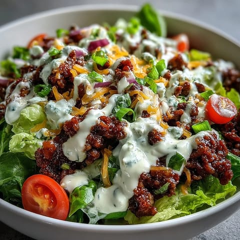 Deconstructed burger bowl, Easy Big Mac, served with fresh lettuce and toppings.