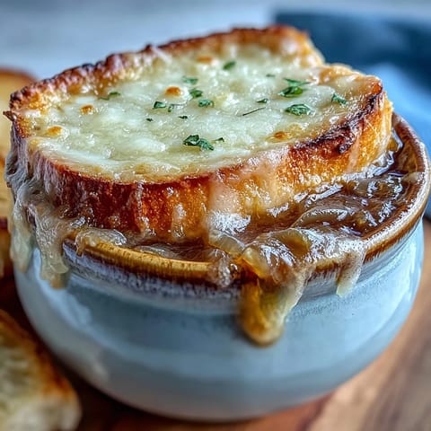 Melted Gruyère cascades over a toasted baguette slice in this cozy, richly caramelized onion soup.