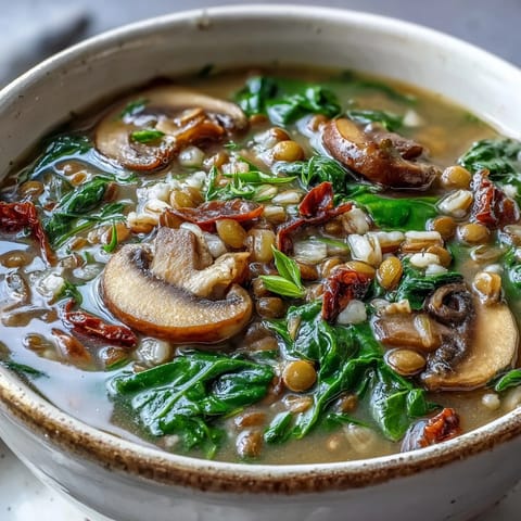 Double Lentil and Mushroom Barley Soup steams in a rustic bowl, revealing lentils and barley in a rich broth.