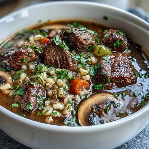 Hearty Beef and Barley Soup with Mushrooms in a rustic bowl garnished with fresh parsley, steam rising.