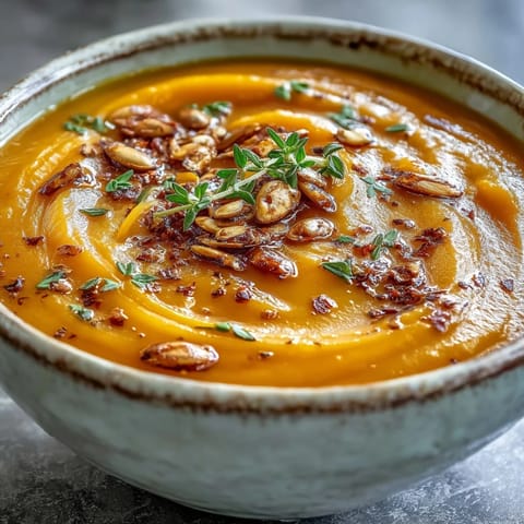 Creamy Roasted Butternut Squash Soup served with a toasted bread dip and fresh thyme sprig.