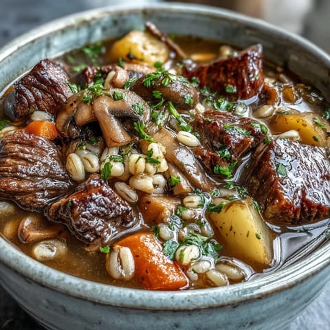 Thick Beef and Barley Soup with tender beef chunks and vegetables in a rustic bowl.