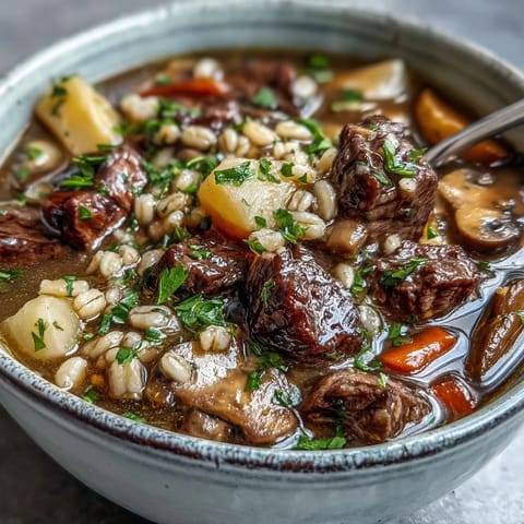 A steaming bowl of hearty Beef and Barley Soup, garnished with fresh thyme and served with crusty bread.