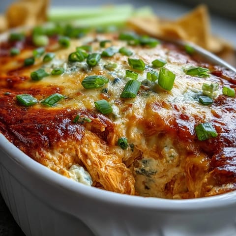 Sizzling hot Buffalo Chicken Dip bubbling in a ceramic dish, garnished with crisp green onions for serving.