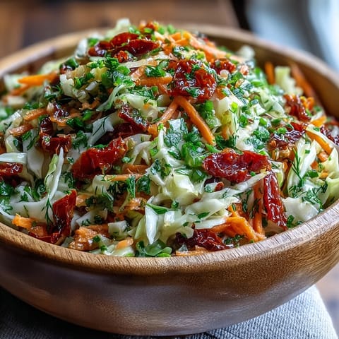 Homemade tangy dressing coats the colorful cabbage salad with sweet sun-dried tomatoes and fresh chives.