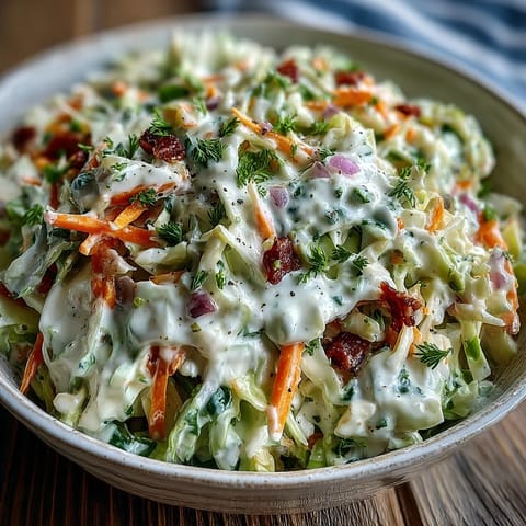 A close-up of Coleslaw With Creamy Dressing in a serving bowl, with crisp shredded vegetables coated in a luscious, creamy dressing and a sprinkle of celery seed.