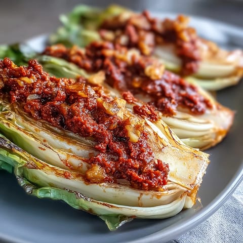 Golden roasted cabbage wedges on a baking sheet just before serving the Baked Cabbage Salad With Winter Romesco.