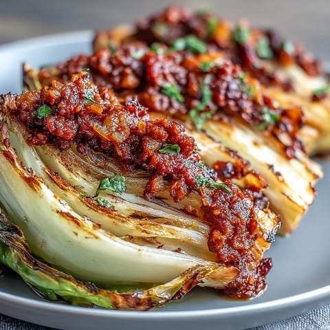 Tender wedges of Baked Cabbage Salad With Winter Romesco topped with bold, nutty red sauce and fresh parsley.
