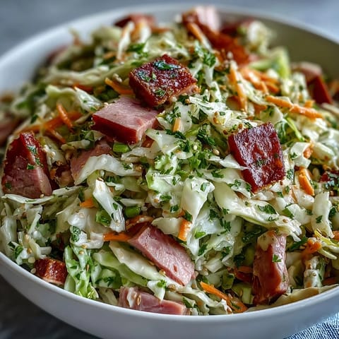 Freshly shredded green and red cabbage tossed with grated carrot and smoky ham in a tangy German-style dressing. 