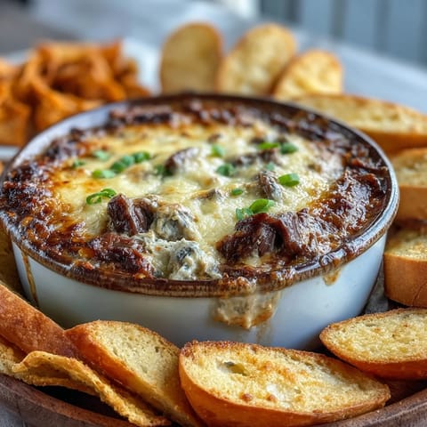Creamy Philly Cheesesteak Dip loaded with shaved ribeye, sautéed peppers and onions, paired with crunchy tortilla chips for dipping.