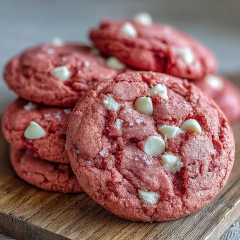 Freshly baked Pink Velvet Cookies with creamy white chocolate chips on a cooling rack, soft and chewy texture.