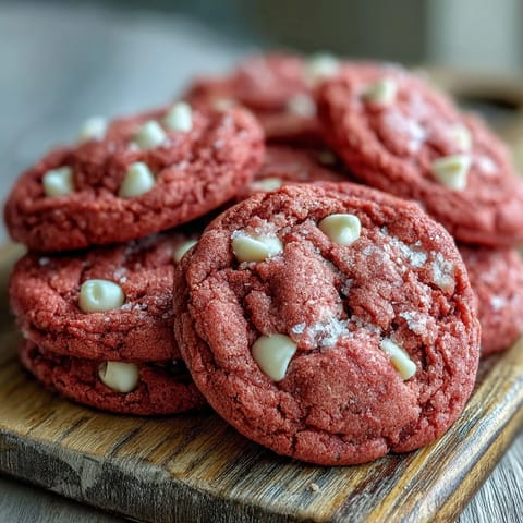 A batch of vibrant Pink Velvet Cookies studded with white chocolate chips, ready to serve with cold milk.