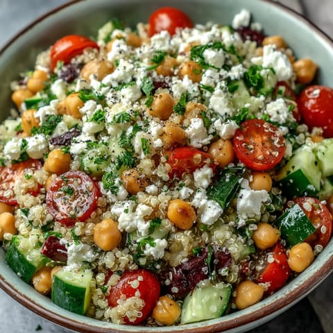 Tossing the fluffy quinoa, chickpeas, and fresh herbs with a zesty lemon vinaigrette dressing in a large bowl.